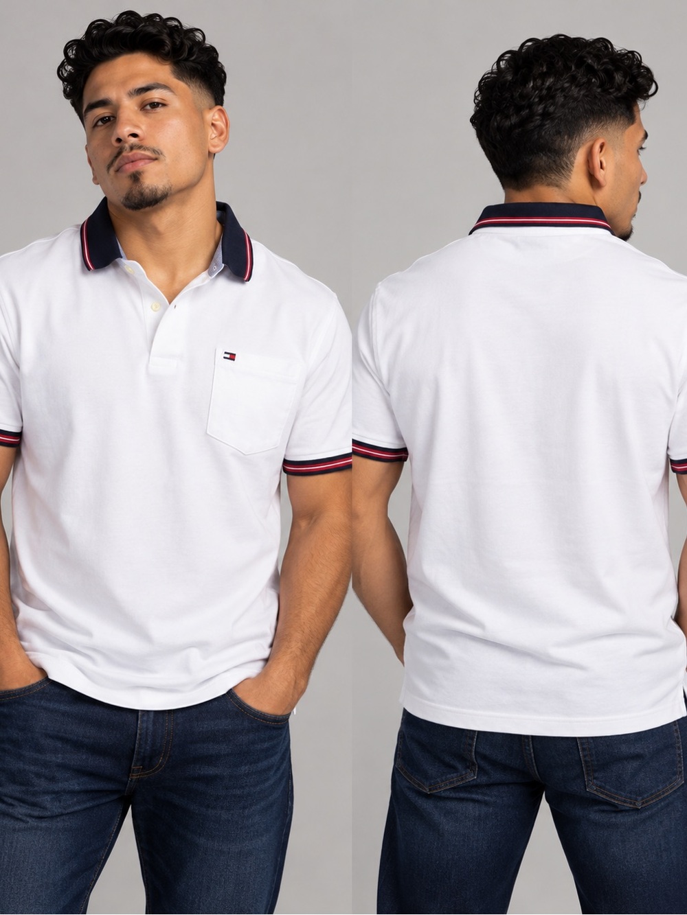 Tommy Hilfiger Men's White Polo Shirt L/G - Navy & Red Trim